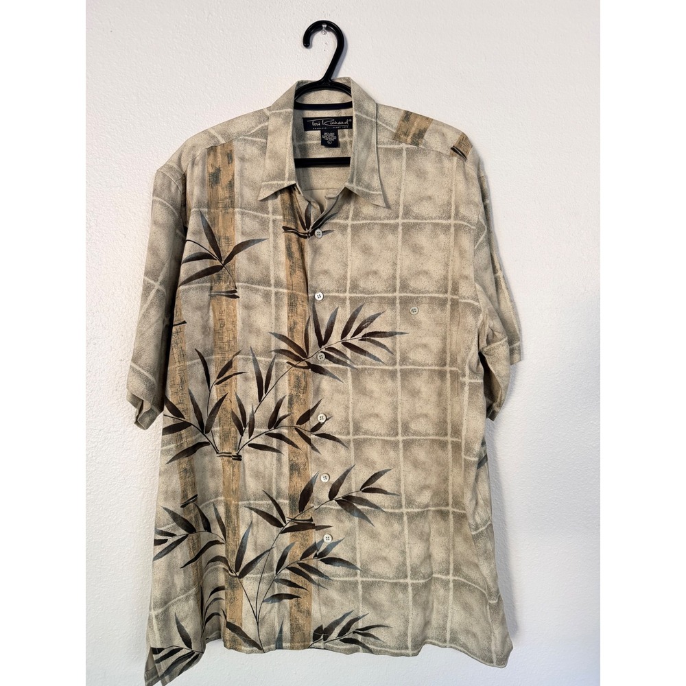Tori Richard Honolulu Mens Large Silk Bamboo Print Aloha Shirt Tan Brown L